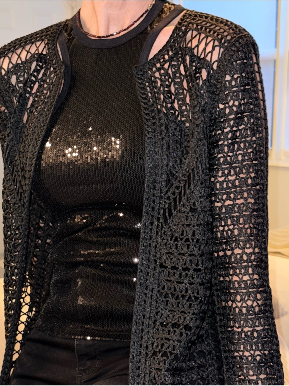 Berek Black Crochet Lace Evening Jacket/ cardigan- Elegant Open Front – Size M –